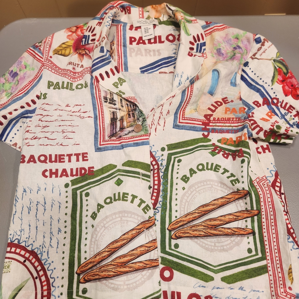Rachel Zoe Paris Postcard Graphic Summer Button Up Shirt Xs